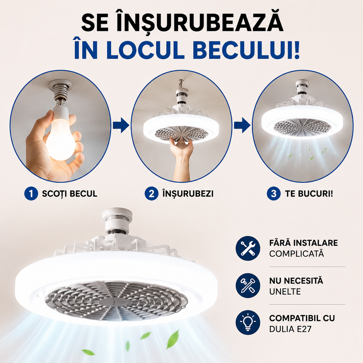 Ventilator cu bec Led 2 in 1